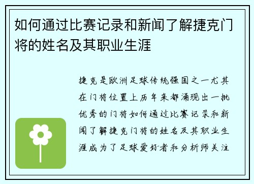 如何通过比赛记录和新闻了解捷克门将的姓名及其职业生涯